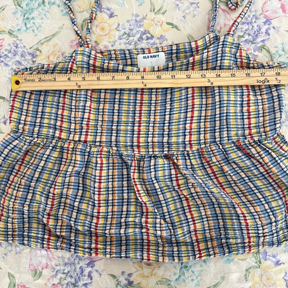 Old Navy Blue Red Yellow Cream Striped Smocked Tie-Shoulder Cami - Picture 4 of 8